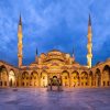 جامع السلطان احمد Wide angle view of the inner courtyard of the Sultan Ahmed Mosque (aka the Blue Mosque) at dusk, in Istanbul, Turkey.