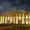2AD2XW7 The entrance to the British Museum at night time, Great Russell St, Bloomsbury, London, England, UK